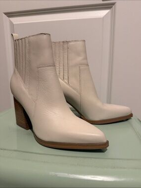Marc Fisher Cream Leather Pointed Toe Block Heel Ankle Boots